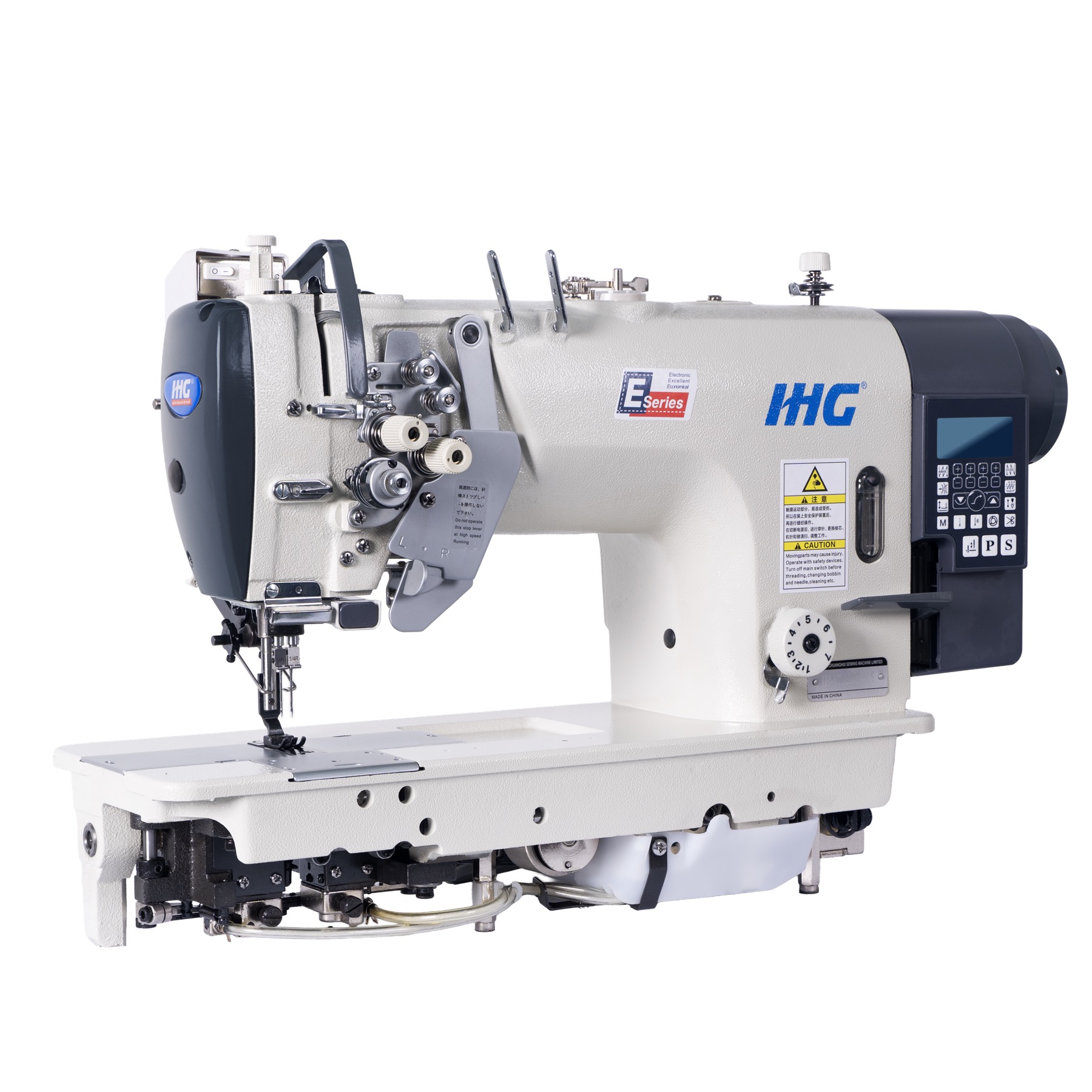 Double needle sewing machine for garment production